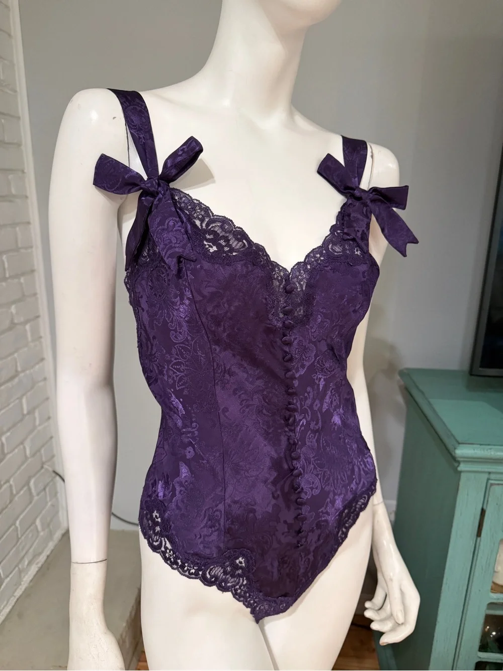 Vintage Victoria’s Secret Gold Label Purple Satin Jacquard Lace Teddy Bodysuit